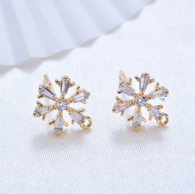 Stud Earring Posts - Cubic Zirconia Snowflakes - Gold