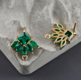 Earring Findings - Green CZ Square w/Navettes - 18k Plated Studs
