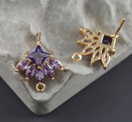 Earring Findings - Purple CZ Square w/Navettes - 18k Plated Studs