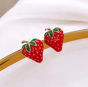 18k Gold Plated Earrings - Enamel Strawberries