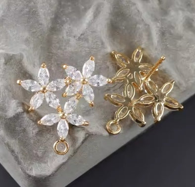 Stud Earring Posts - Cubic Zirconia Floral Cluster - 18k Plated