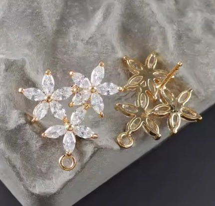 Stud Earring Posts - Cubic Zirconia Floral Cluster - 18k Plated