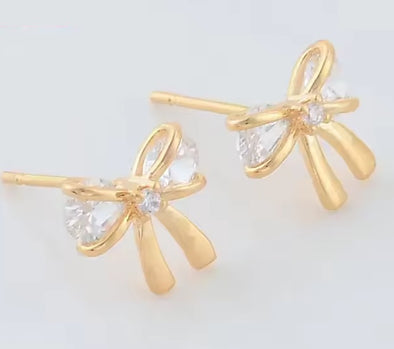 Stud Earrings - Tiny Cubic Zirconia Bows - Gold