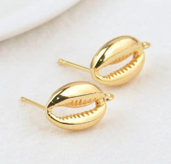 Earring Findings - Gold Cowrie Shell Studs - 18k Plated