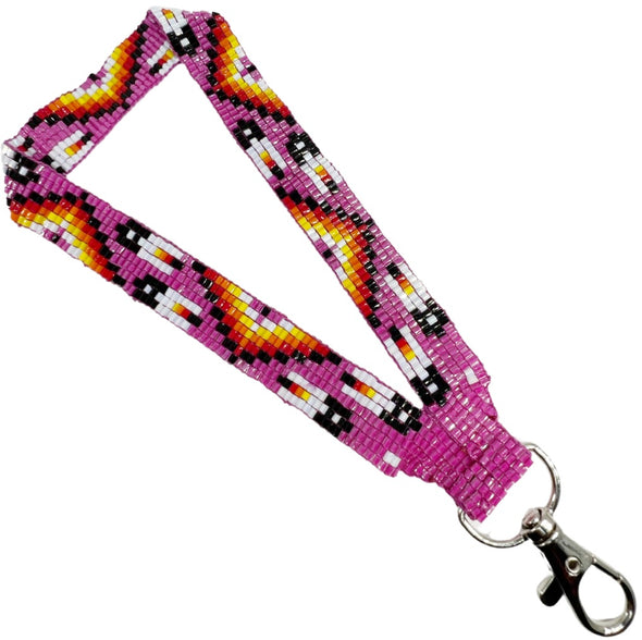 Beaded Mini Lanyard - 2-Cut Beads - Pink Feathers