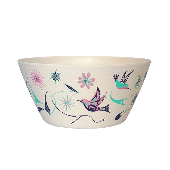 Bamboo Bowl & Servers Set - Hummingbirds