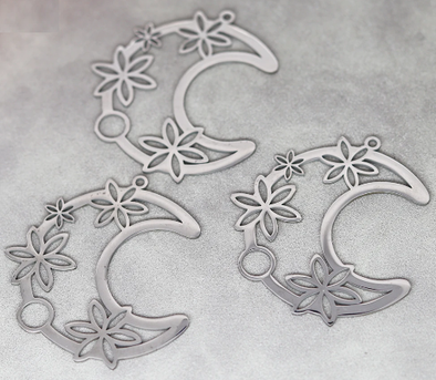 Metal Charms - Floral Crescent Moon - Stainless Steel