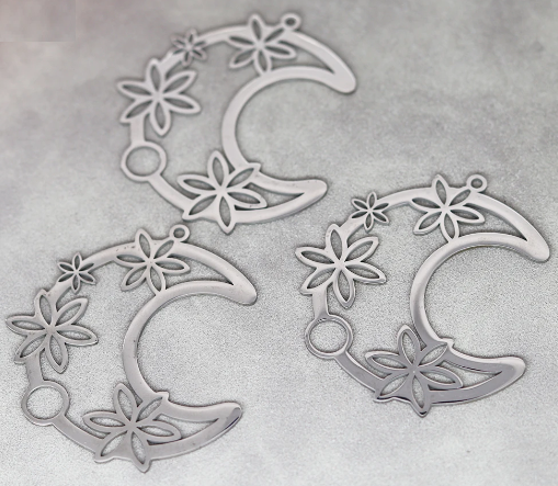 Metal Charm - Floral Crescent Moon - Stainless Steel