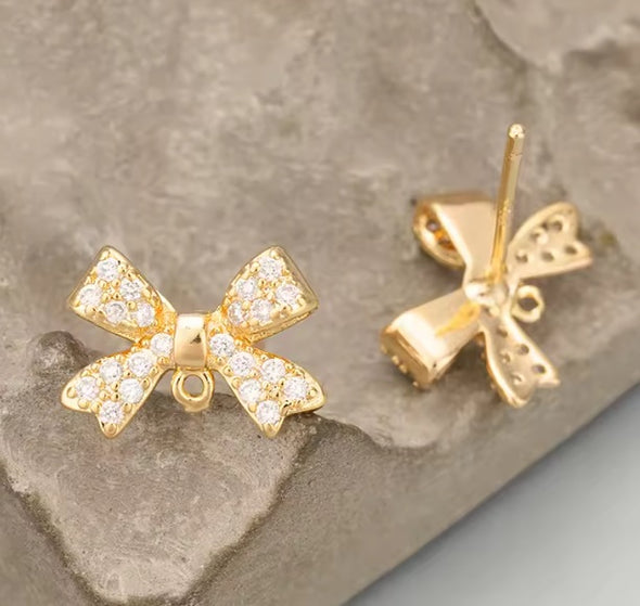 Stud Earring Posts - Mini Bows w/Pave Cubic Zirconia - 18k Plated