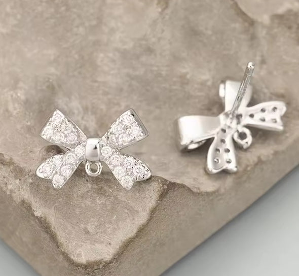 Stud Earring Posts - Mini Bows w/Pave Cubic Zirconia - Rhodium Plated