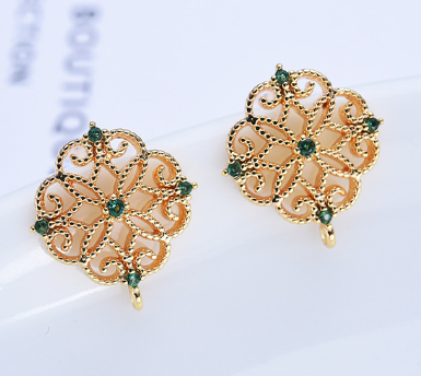 Earring Findings - Mini Gold Filigree Studs - Emerald