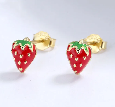 Stud Earrings - 18k Gold Plated Tiny Strawberries