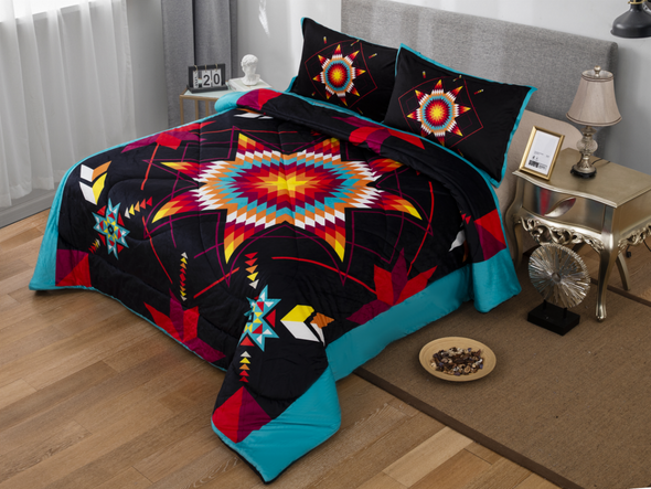 Queen Micro-Mink Sherpa Set - Star Quilt - Black