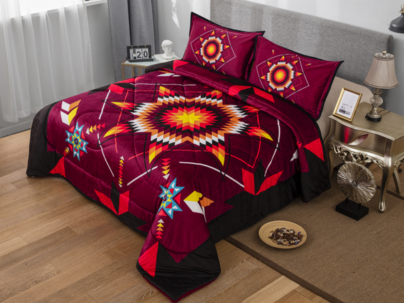 Queen Micro-Mink Sherpa Set - Star Quilt - Burgundy