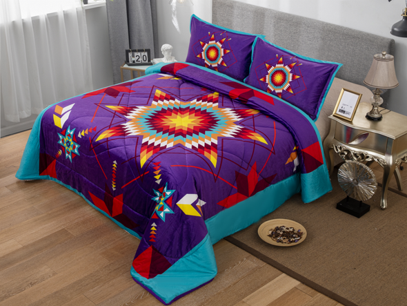 Queen Micro-Mink Sherpa Set - Star Quilt - Purple
