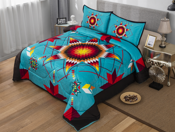 Queen Micro-Mink Sherpa Set - Star Quilt - Turquoise