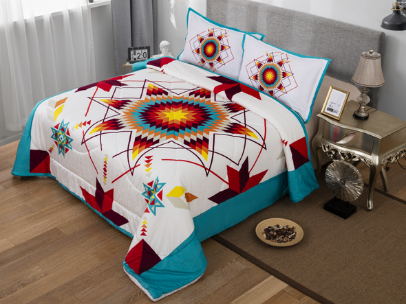 Queen Micro-Mink Sherpa Set - Star Quilt - White