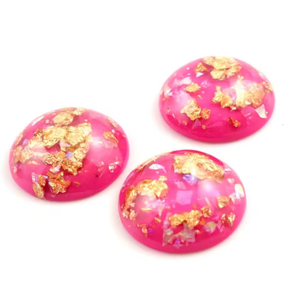 Acrylic Cab - Round - Pink w/Gold & Incandescent Flakes
