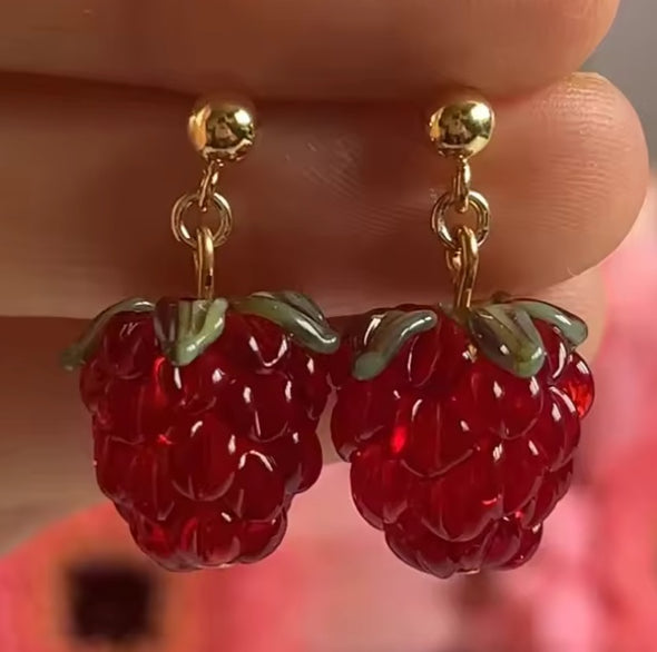 Stud Earrings - Glass Raspberries - 18k Gold Plated
