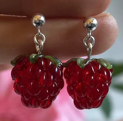 Stud Earrings - Glass Raspberries - Rhodium Plated