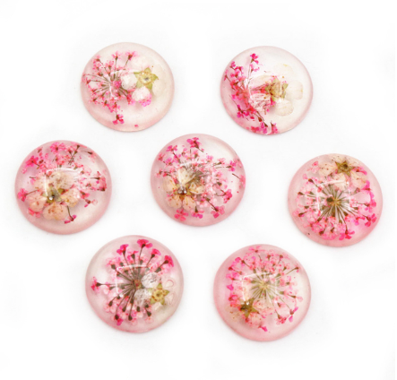 Acrylic Cab - Fuschia & White Sprigs in Resin - Rounds