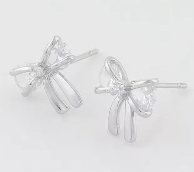 Stud Earrings - Tiny Cubic Zirconia Bows - Silver