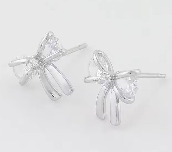 Stud Earrings - Tiny Cubic Zirconia Bows - Silver