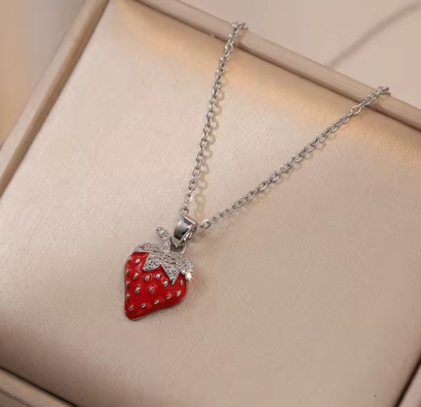 Rhodium Plated Necklace - Pave Strawberry