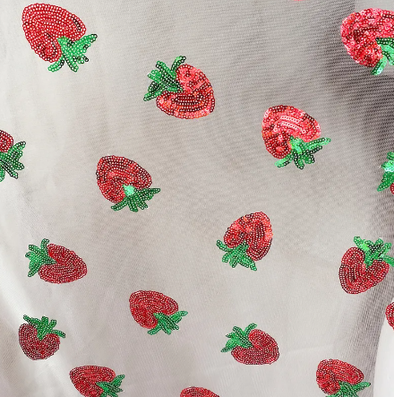 Sequin Embroidered Tulle - Strawberries - White
