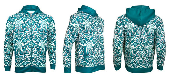 Hooded Zippered Sweatshirt - Woodland Floral - Teal