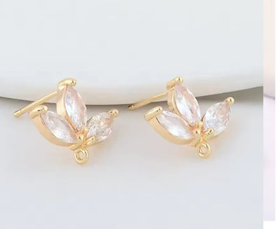 Stud Earring Posts - Cubic Zirconia Tri-Petal - Gold