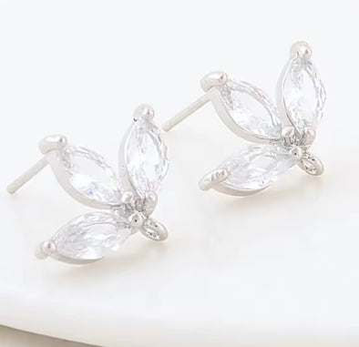 Stud Earring Posts - Cubic Zirconia Tri-Petal - Rhodium