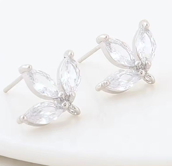 Stud Earring Posts - Cubic Zirconia Tri-Petal - Rhodium