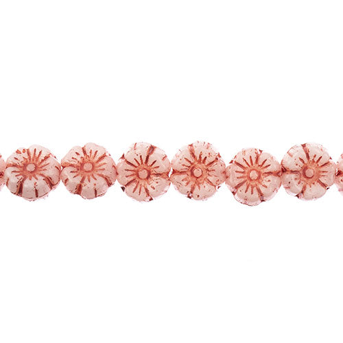Pressed Glass Bead Strand - Red on Alabaster White Flowers