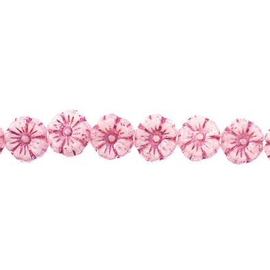 Pressed Glass Bead Strand - Pink on Alabaster White Flowers