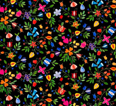 Cotton Fabric - Shawl Dancers Small Floral - Black