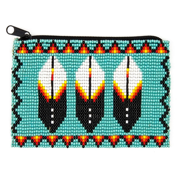 Beaded Coin Purse - Turquoise Feathers