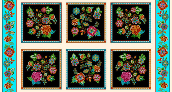 Cotton Fabric - Beaded Floral Panel - Black
