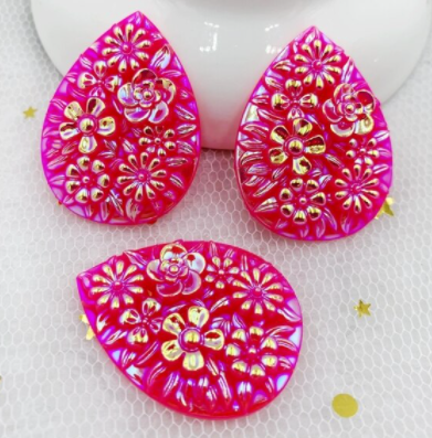 Acrylic Cab - Raised Floral Teardrops - Deep Pink AB