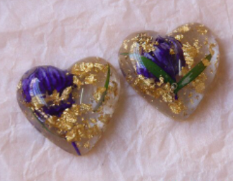 Acrylic Cab - Resin Hearts w/Purple Flowers and Gold Flakes