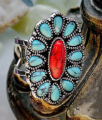 Imitation Turquoise and Red Howlite Oval Ring