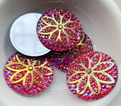 Acrylic Cab - Sparkle Flower Rounds - 25 mm - Magenta AB
